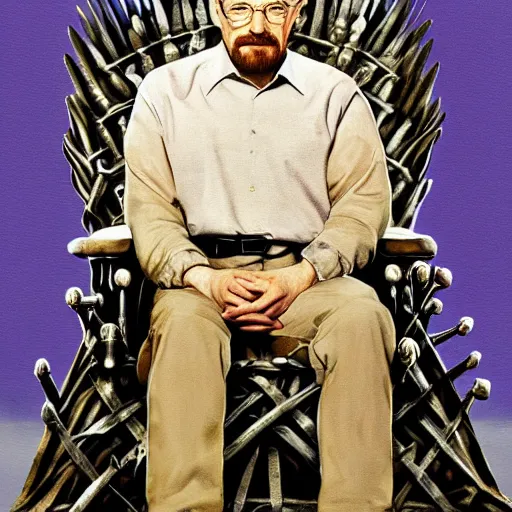 Prompt: A painting of Walter White sitting on the iron throne, britsh royal portrait