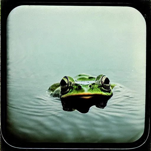 Image similar to semitranslucent smiling frog amphibian floating over misty lake in Jesus Christ pose, polaroid shot by Andrei Tarkovsky, paranormal, spiritual, mystical