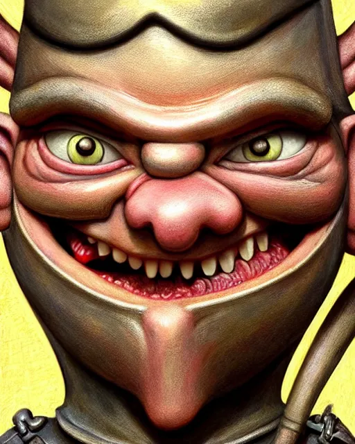 Image similar to highly detailed closeup, face profile portrait of a tin toy matt damon as a medieval demon with horns eating cakes in a castle, hyper realistic, artstation, illustration, nicoletta ceccoli, mark ryden, lostfish, dan decarlo, bob clampett, max fleischer, digital paint, matte paint, vivid colors, detailed and intricate environment