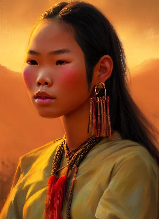 Image similar to portrait of a beautiful teen tai ethnic north thailand, closeup portrait, historical, ethnic group, traditional costume, elegant, loin cloth, highly detailed, oil painting, artstation, concept art, matte, sharp focus, illustration, hearthstone, art by earl norem