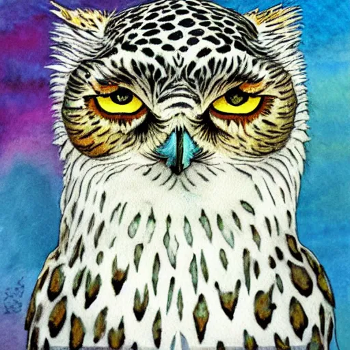 Image similar to snowy owl leopard cat gryphon, Louis William Wain watercolor, fantasy