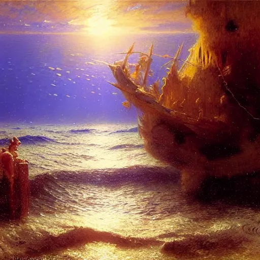 Image similar to point of view of deep in the ocean looking up, you see fishes, higher the milk way, night time, midnight. highly detailed painting by gaston bussiere, greg rutkowski 8 k