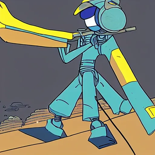 Image similar to canti the robot from flcl anime, he is holding a valorant style sniper rifle in the map haven holding a heaven.