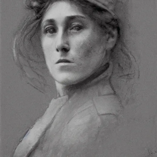 Prompt: ww 1 action heroine by alfred stevens in charcoal