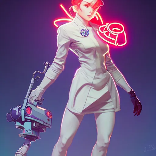 Image similar to a full body character design by artgerm, cushart krenz, ross tran, alphonse mucha. cute mad scientist girl lab coat futuristic shoulder cannon bazooka!! bold outline sharp edges. ultra clear detailed. 8 k. elegant, neon colors, dynamic angle, intricate complexity, epic composition, action pose, cinematic lighting masterpiece