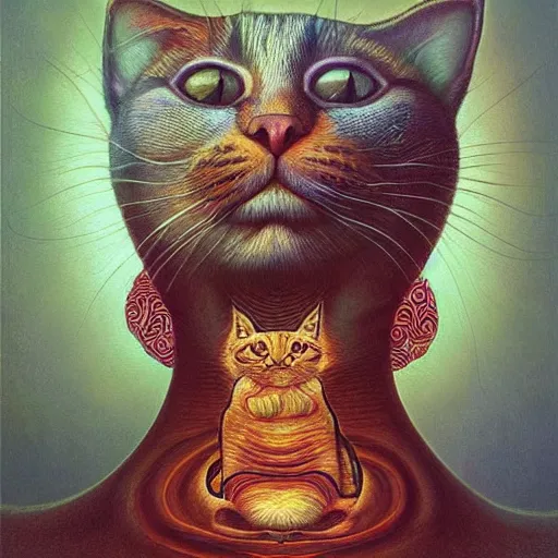 Image similar to a cat having an ego trip, by alex grey, by Esao Andrews and Karol Bak and Zdzislaw Beksinski and Zdzisław Beksiński, trending on ArtStation