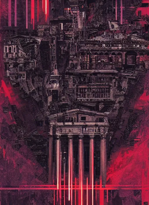 Image similar to dark design poster showing a majestic roman city, black background with very subtle red and purple design elements, powerful, nekro, vito acconci, thin straight lines, dark, glitch art, neo vaporwave, gritty, layout frame, square, trending on artstation