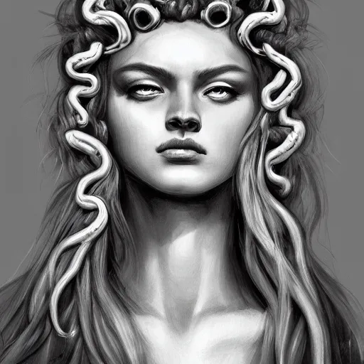 Image similar to medusa portrait painting, black and white, artstation, detailed, blurred background