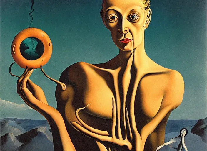 Prompt: impisoned female eldritch goddess by salvadore dali and rene magritte