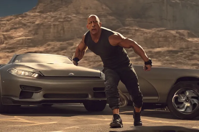 Prompt: vin diesel as dwayne johnson flexing and yelling let's go!, fast furious hobbs shaw, low isometric perspective, cinematic still, movie still, long lens, shallow depth of field, bokeh, anamorphic lens flare, 8 k