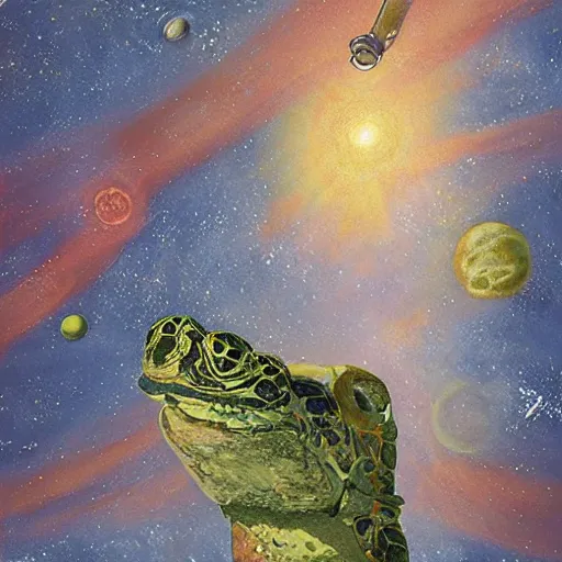 Prompt: a solar system orbiting around a turtles head, artwork by Michael Böhme