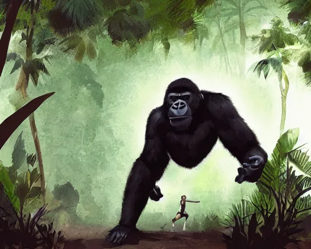 Image similar to a gorilla playing volleyball in a jungle, digital art, in the style of greg rutkowski