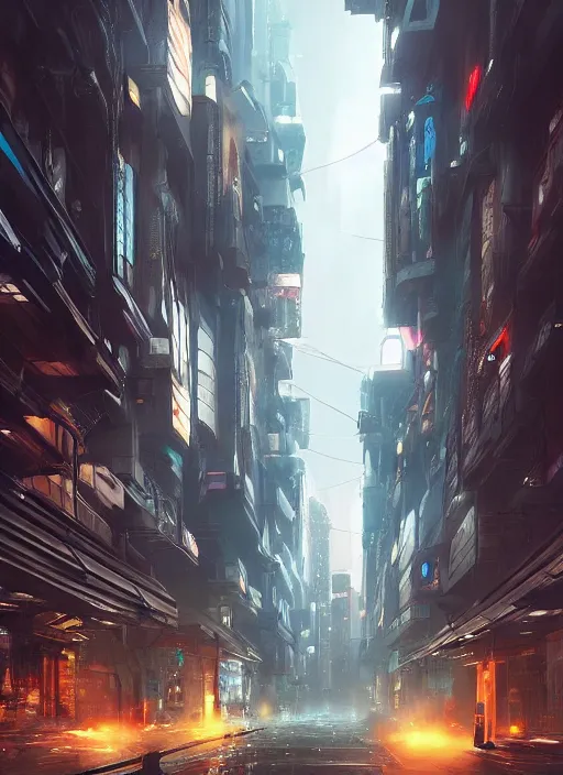Prompt: a city street filled with lots of tall buildings, cyberpunk art by senior environment artist, trending on cgsociety, panfuturism, concept art, reimagined by industrial light and magic, dystopian art