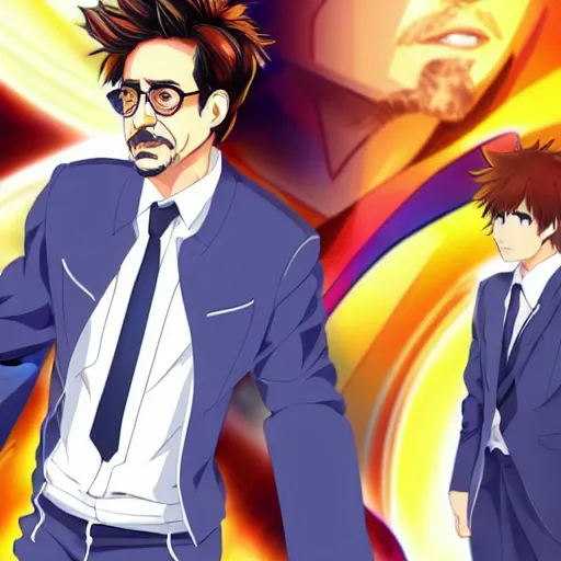 Image similar to robert downey jr as anime character, kyoto animation, magical