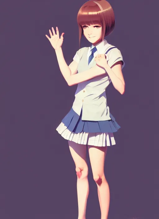 Image similar to full body beautiful and cute and aesthetic school girl greeting, very slightly smiling, wave a hand at the camera, perfect face, symmetric eyes, sharp focus, specular reflection, occlusion shadow, artstation, by ilya kuvshinov and jeremy lipking, light novel cover art, 3 d epic illustrations, symmetric body, model pose