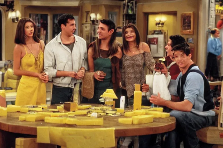 Image similar to the episode of Friends where everyone gets covered in vermont yellow cheese