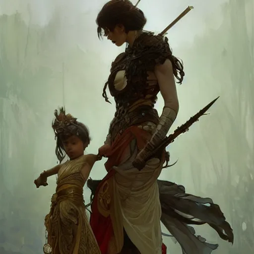 Image similar to a full body portrait of a beautiful girl warrior and her daughter, intricate, elegant, highly detailed, digital painting, artstation, concept art, smooth, sharp focus, illustration, art by krenz cushart and artem demura and alphonse mucha