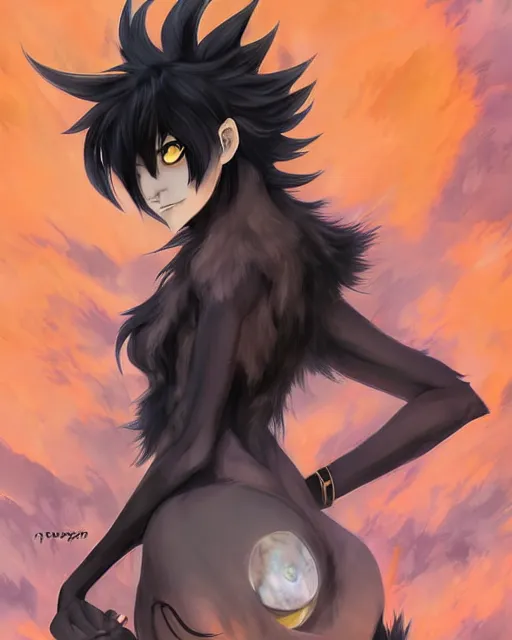 Image similar to anime wolfgirl with shaggy black hair, glowing orange eyes, dark grey skin and furry arms, digital art, by Fernanda Suarez and and Edgar Maxence