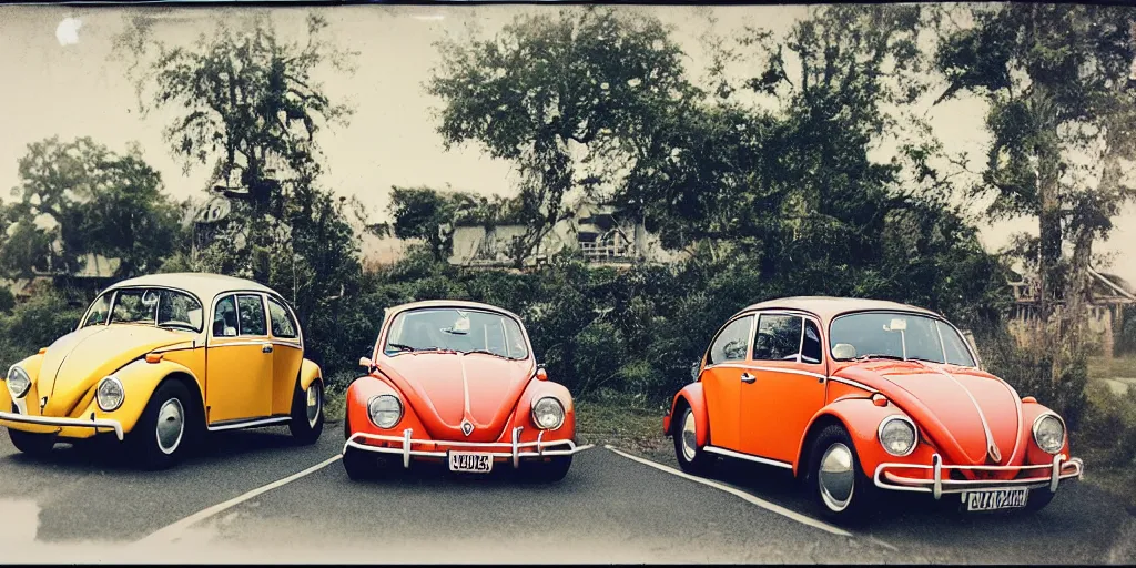 Prompt: polaroid photo of volkswagen beetles, vintage colors, slight color bleed