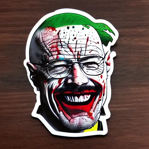 Image similar to die cut sticker, walter white laughing like the joker, splatter paint