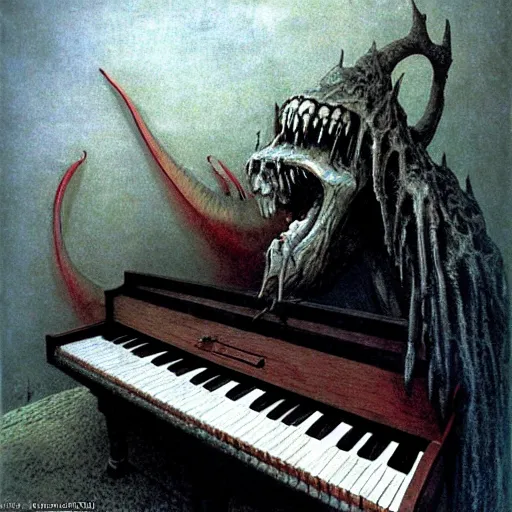 Prompt: A huge scary monster that is a piano with sharp keys as teeth, highly detailed, by Beksinski