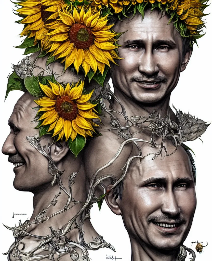 Image similar to digital art, centered full body of Putin smiling king, Sunflower crown, ,intricate, veins, by James Jean and by artgerm , by ross tran ultradetailed, charachter design, concept art, trending on artstation,