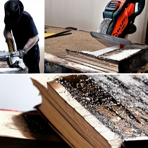 Image similar to man with chainsaw cutting a book in half, dust flying