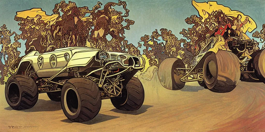 Image similar to monster truck rally, Alphonse Mucha