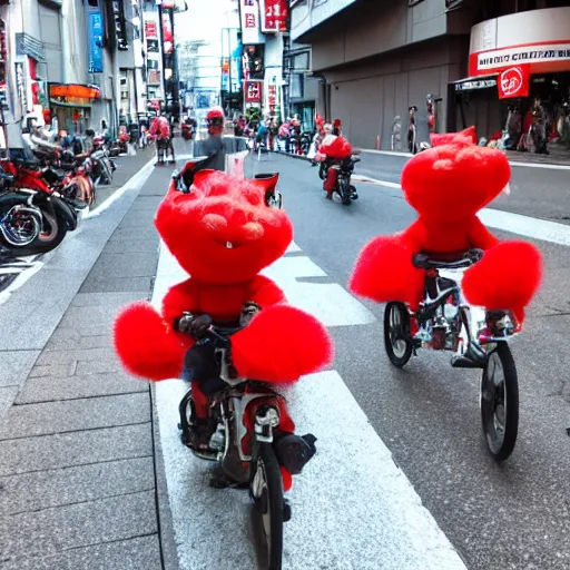 Image similar to tiny cute red dragons riding a bike in the streets of tokyo