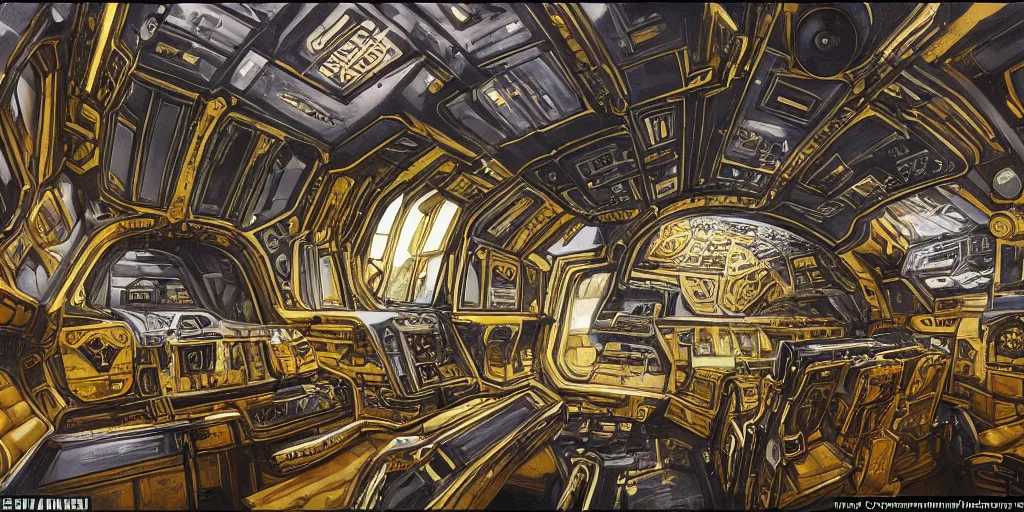 Prompt: interior, wide angle, ornate, gilded, cockpit of an futuristic gothic crusader spaceship,, art jacek malczewski