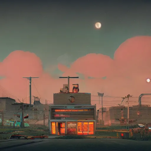 Image similar to An atom punk city with the moon shining through the clouds in utopia by Simon Stålenhag and Grant Wood,In style of 80s sci fi art.hyper detailed,4K,unreal engine 5,Ray Tracing,highly realistic.trending on Artstation