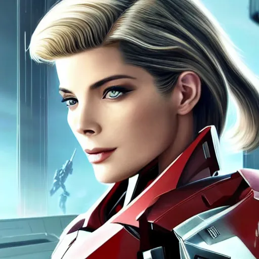 Image similar to A combination of Ashley Greene's and Ada Wong's and Grace Kelly's appearances with blonde hair wearing Forerunner armor from Halo, high tech, action shot, angular, full body portrait, futuristic, dramatic, fantasy, intricate, elegant, highly detailed, artstation, matte, sharp focus, 8K, art by Artgerm and Greg Rutkowski and Alphonse Mucha