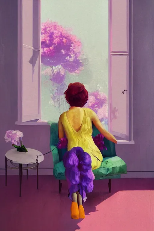 Prompt: closeup, huge flower over head, woman sitting on lounge chair by a modern window, surreal photography, studio light, impressionist painting, digital painting, artstation, simon stalenhag