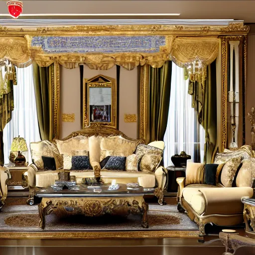 Image similar to photorealistic imperial living room imperial furniture big ceiling
