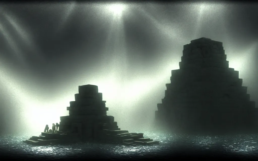 Image similar to wide shot, submerged pre - incan temple, dark, grenada underwater sculpture park, bubbles, abyss, stylized, anime style mixed with fujifilm, detailed gouache paintings, crepuscular rays, dark, murky, foggy, atmospheric, artstation, cgsociety, octane render, cgi, unreal engine 5, denoise, cinematic masterpiece