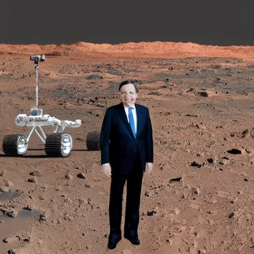 Image similar to Mario Draghi visiting mars with Dr. Manhattan,the curiosity rover is visible in the background