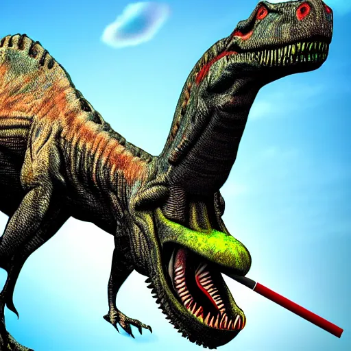 Image similar to dinosaur smoking a cigarette in their mouth realistic hdr professional shot