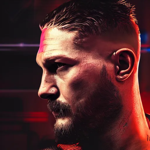 Image similar to tom hardy portrait, cyberpunk 2 0 7 7, cyberpunk, photorealistic, ultra detailed, neon, octane, bokeh, cinematic lighting, cyber, cyberpunk city, studio quality, feature, scars, cyberface, 8 k