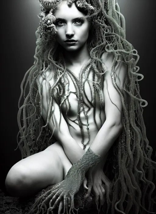 Prompt: surreal mythical dreamy dark artistic black and white fine art photo of a beautiful young female medusa - mermaid - cyborg covered with translucent algae, highly detailed, intricate crystal ivy jelly fish scales ornate, lace web, poetic, octane render, 8 k, photo - realistic, by horst p. horst