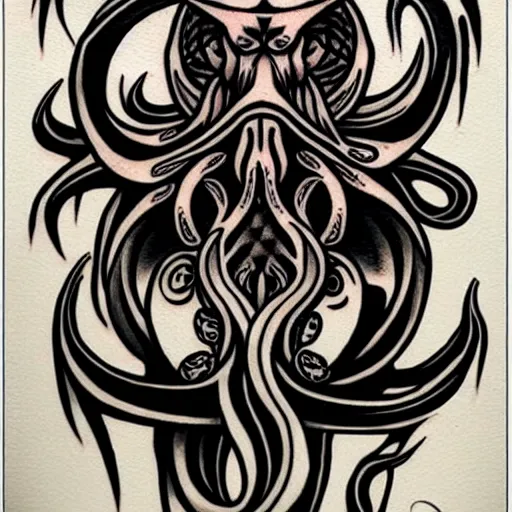 Prompt: american traditional abstract tattoo art of cthulhu playing praying, sheet paper