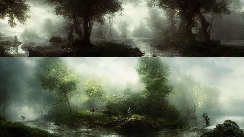 Image similar to [ searching for tom bombadil ] andreas achenbach, artgerm, mikko lagerstedt, zack snyder, tokujin yoshioka