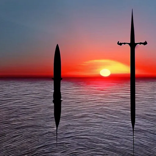 Image similar to a floating sword in front of a sunrise, extremely realistic and beautiful