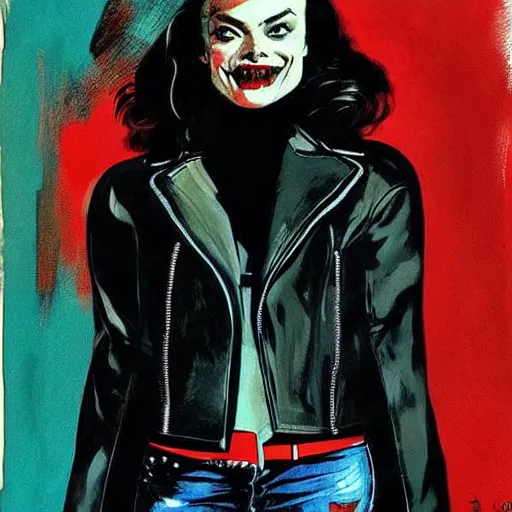 Prompt: Rafael Albuquerque art, Norman Rockwell, pretty Margot Robbie vampire sharp teeth evil smile, 5 long sharp fingers, symmetrical face symmetrical eyes, leather jacket, jeans