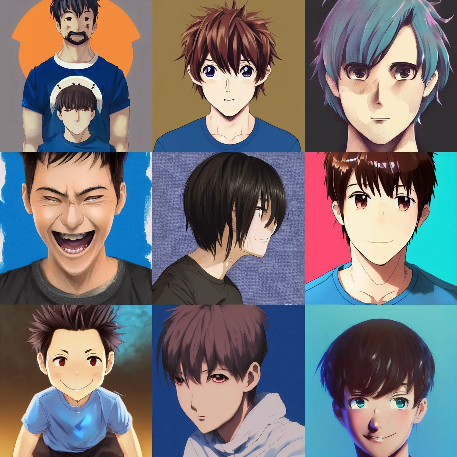 Image similar to A medium shot anime portrait of a happy anime man with extremely short walnut hair and blue eyes, wearing a t-shirt, his whole head fits in the frame, head shot, solid background, by Stanley Artgerm Lau, WLOP, Rossdraws, James Jean, Andrei Riabovitchev, Marc Simonetti, and Sakimi chan, trending on artstation