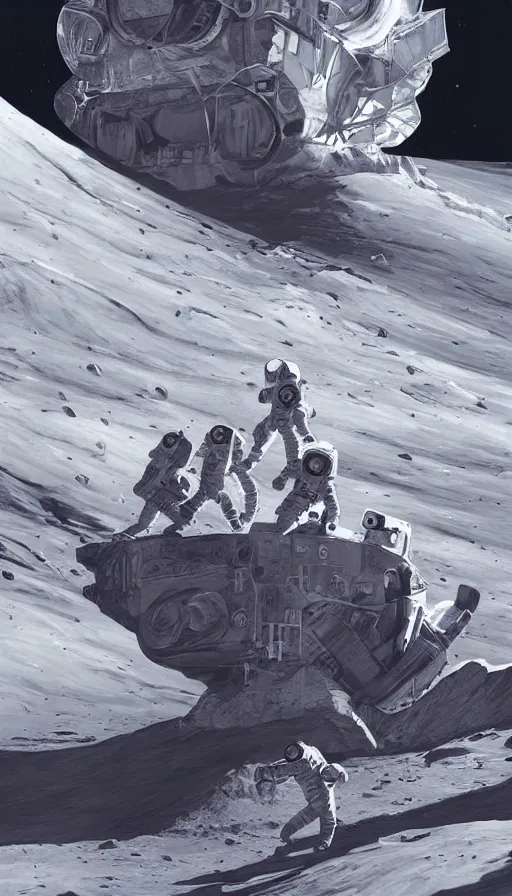 Image similar to a beautiful artwork illustration, astronauts discover a giant obsidian monolith on the moon, by rutkowski and charlie bowater, featured on artstation, wide angle, vertical orientation