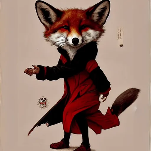 Prompt: anthropomorphic red white and black fox with exquisite tall ears and wearing a nose ring and a hoodie. Renowned character illustration by greg rutkowski, thomas kindkade, alphonse mucha, loish, norman rockwell.