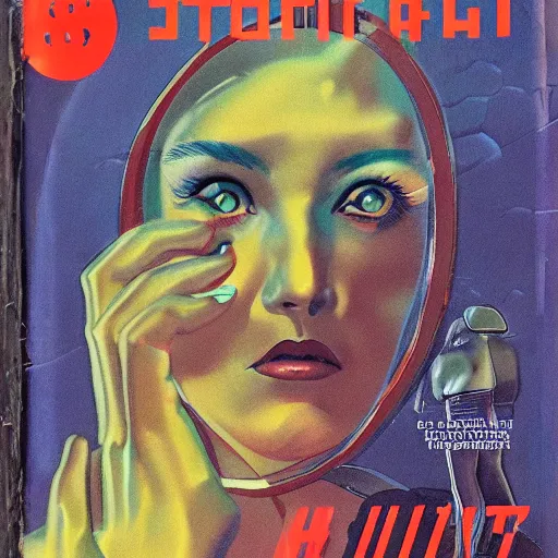 Prompt: vintage sci-fi book cover, high detail, portrait of a beautiful woman, film grain