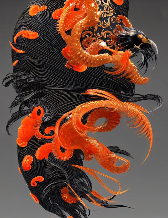 Image similar to 3 d goddess close - up profile portrait biomechanics with ram skull. beautiful intricately detailed japanese crow kitsune mask and clasical japanese kimono. betta fish, jellyfish phoenix, bio luminescent, plasma, ice, water, wind, creature, artwork by tooth wu and wlop and beeple and greg rutkowski. gold black teal and orange color scheme