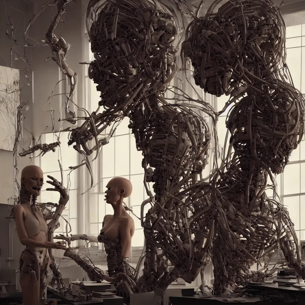 Image similar to extremely detailed cinematic movie still medium shot of supermodel girl artist working in her studio with human like robot hyperreal skin face by denis villeneuve, wayne barlowe, simon birch, marc simonetti, philippe druillet, beeple, alex grey bright volumetric sunlight, rich moody colors, bokeh