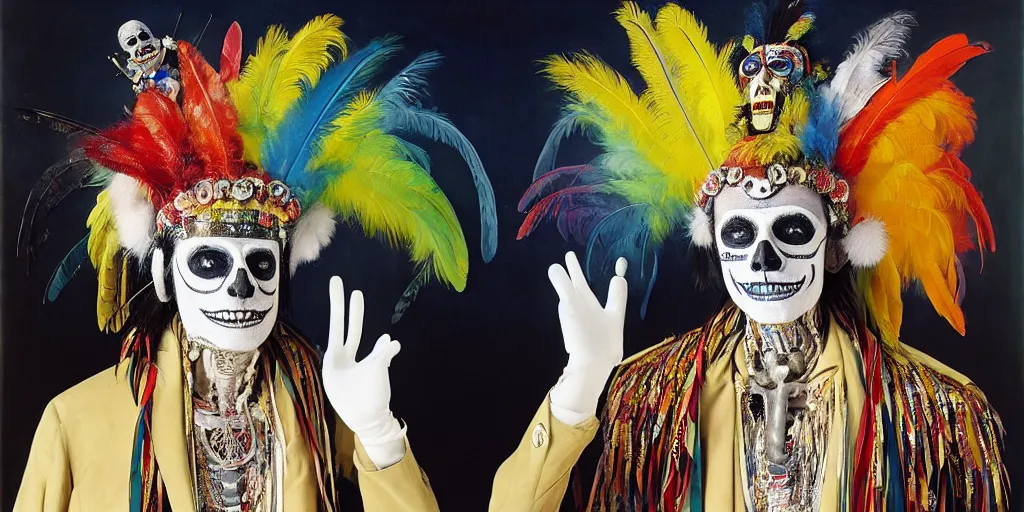 Prompt: ney matogrosso with paint on face, feathers, leather, lace, gold wings on head, tibetan skeleton dancer, painting by gottfried helnwein, leonora carrington